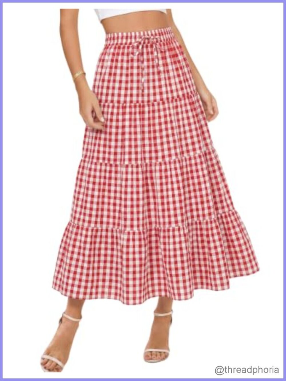 Womens Plaid Gingham Midi Skirt with Pockets High Waisted A-Line Drawstring